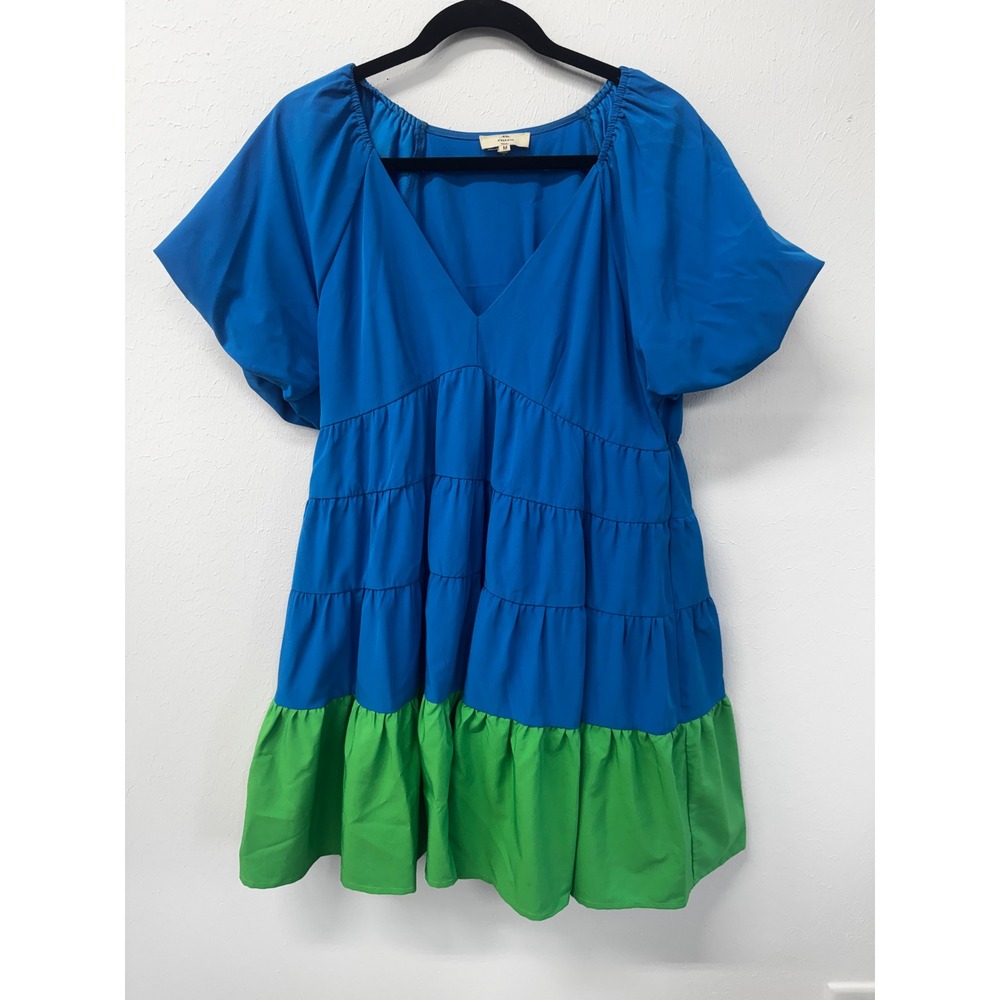 Entro Blue Green Puff Sleeve V Neck Tiered Knee Length Dopamine dressing - Picture 10 of 10